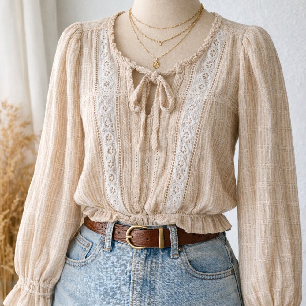 American Eagle Striped Peasant Blouse XL cottagecore fairycore Boho eyelet trim